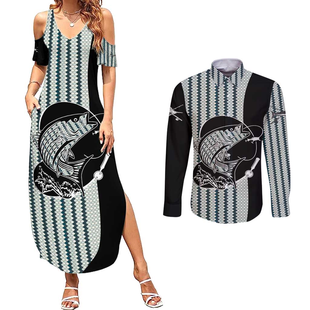 Striped Bass Jumping Graphic Couples Matching Summer Maxi Dress and Long Sleeve Button Shirt Rod Reel and Airplane on Fish Scale Pattern - Wonder Print Shop