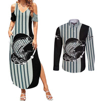 Striped Bass Jumping Graphic Couples Matching Summer Maxi Dress and Long Sleeve Button Shirt Rod Reel and Airplane on Fish Scale Pattern - Wonder Print Shop