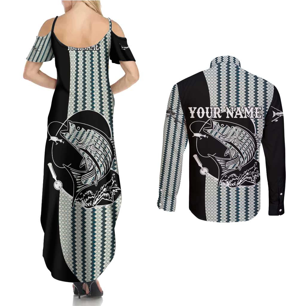 Striped Bass Jumping Graphic Couples Matching Summer Maxi Dress and Long Sleeve Button Shirt Rod Reel and Airplane on Fish Scale Pattern - Wonder Print Shop
