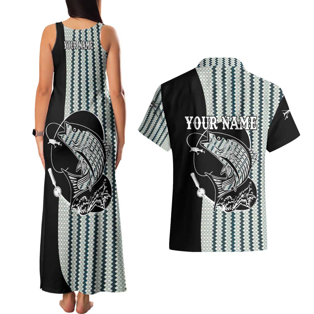 Striped Bass Jumping Graphic Couples Matching Tank Maxi Dress and Hawaiian Shirt Rod Reel and Airplane on Fish Scale Pattern - Wonder Print Shop
