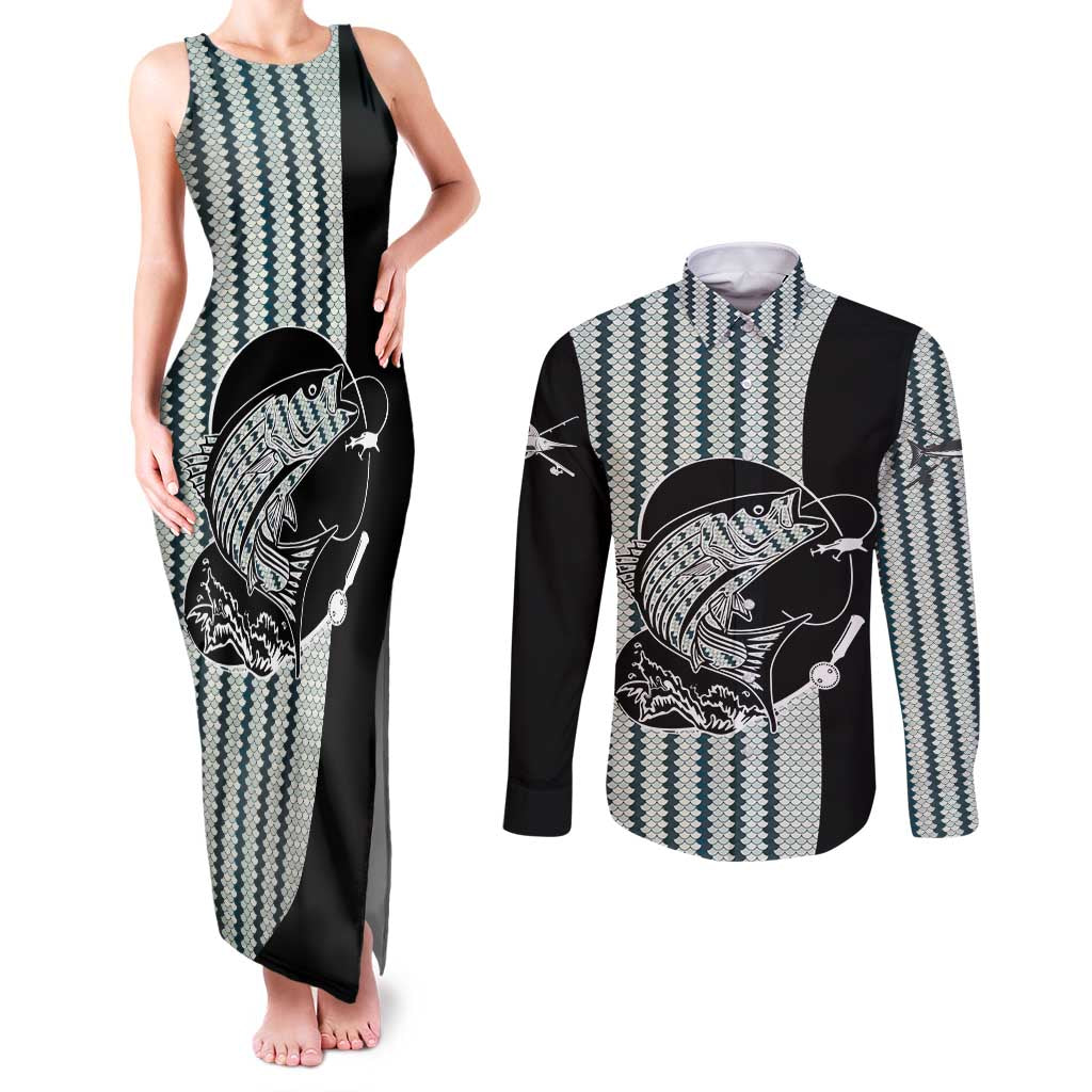 Striped Bass Jumping Graphic Couples Matching Tank Maxi Dress and Long Sleeve Button Shirt Rod Reel and Airplane on Fish Scale Pattern - Wonder Print Shop