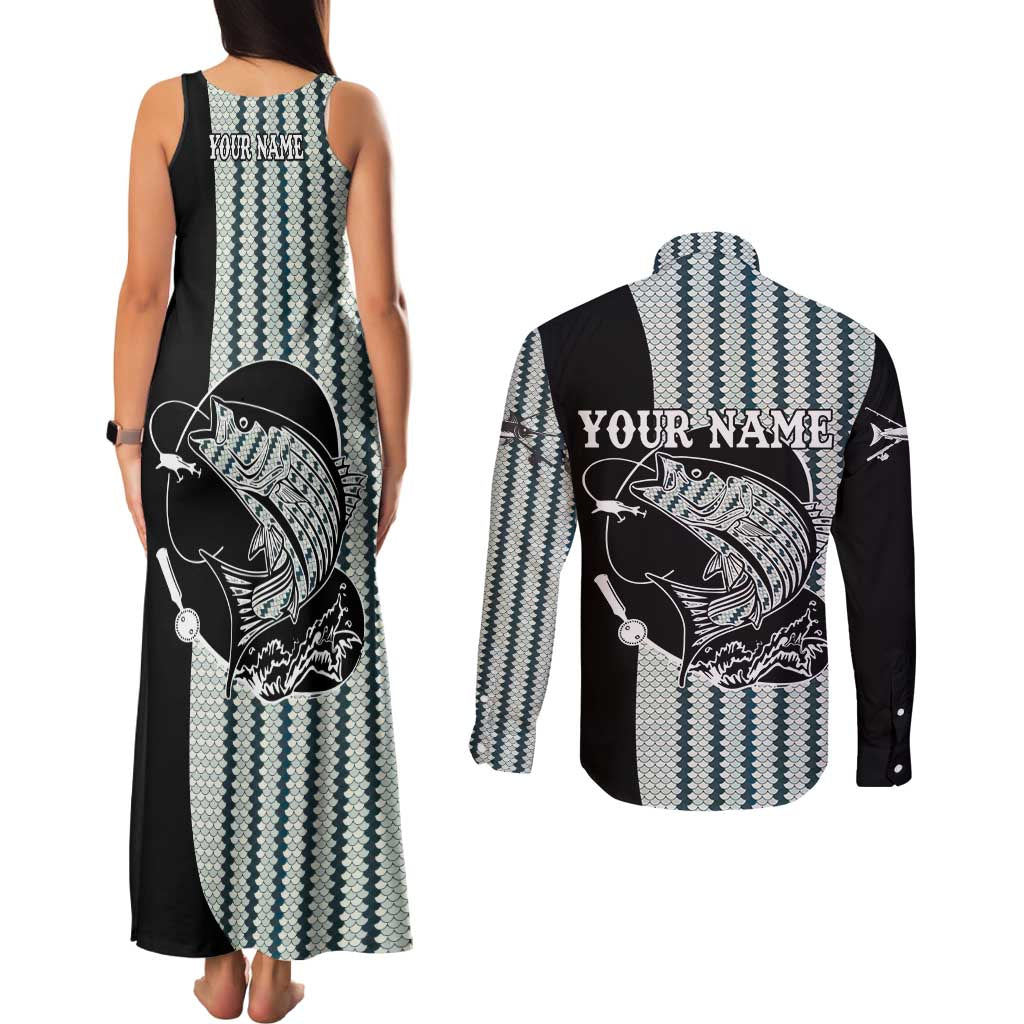 Striped Bass Jumping Graphic Couples Matching Tank Maxi Dress and Long Sleeve Button Shirt Rod Reel and Airplane on Fish Scale Pattern - Wonder Print Shop