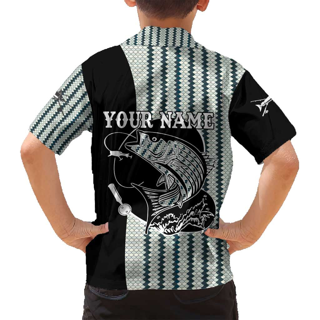 Striped Bass Jumping Graphic Family Matching Long Sleeve Bodycon Dress and Hawaiian Shirt Rod Reel and Airplane on Fish Scale Pattern - Wonder Print Shop