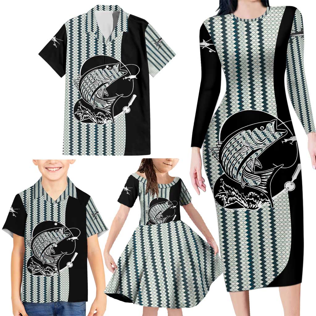 Striped Bass Jumping Graphic Family Matching Long Sleeve Bodycon Dress and Hawaiian Shirt Rod Reel and Airplane on Fish Scale Pattern - Wonder Print Shop