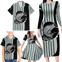 Striped Bass Jumping Graphic Family Matching Long Sleeve Bodycon Dress and Hawaiian Shirt Rod Reel and Airplane on Fish Scale Pattern - Wonder Print Shop