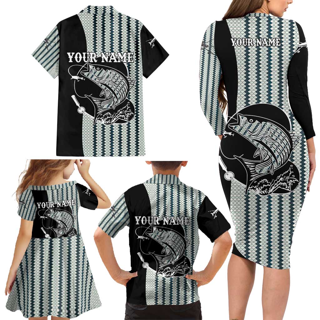 Striped Bass Jumping Graphic Family Matching Long Sleeve Bodycon Dress and Hawaiian Shirt Rod Reel and Airplane on Fish Scale Pattern - Wonder Print Shop