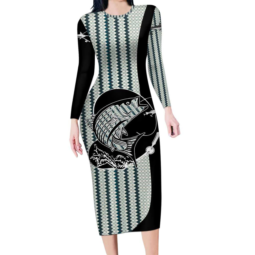 Striped Bass Jumping Graphic Family Matching Long Sleeve Bodycon Dress and Hawaiian Shirt Rod Reel and Airplane on Fish Scale Pattern - Wonder Print Shop