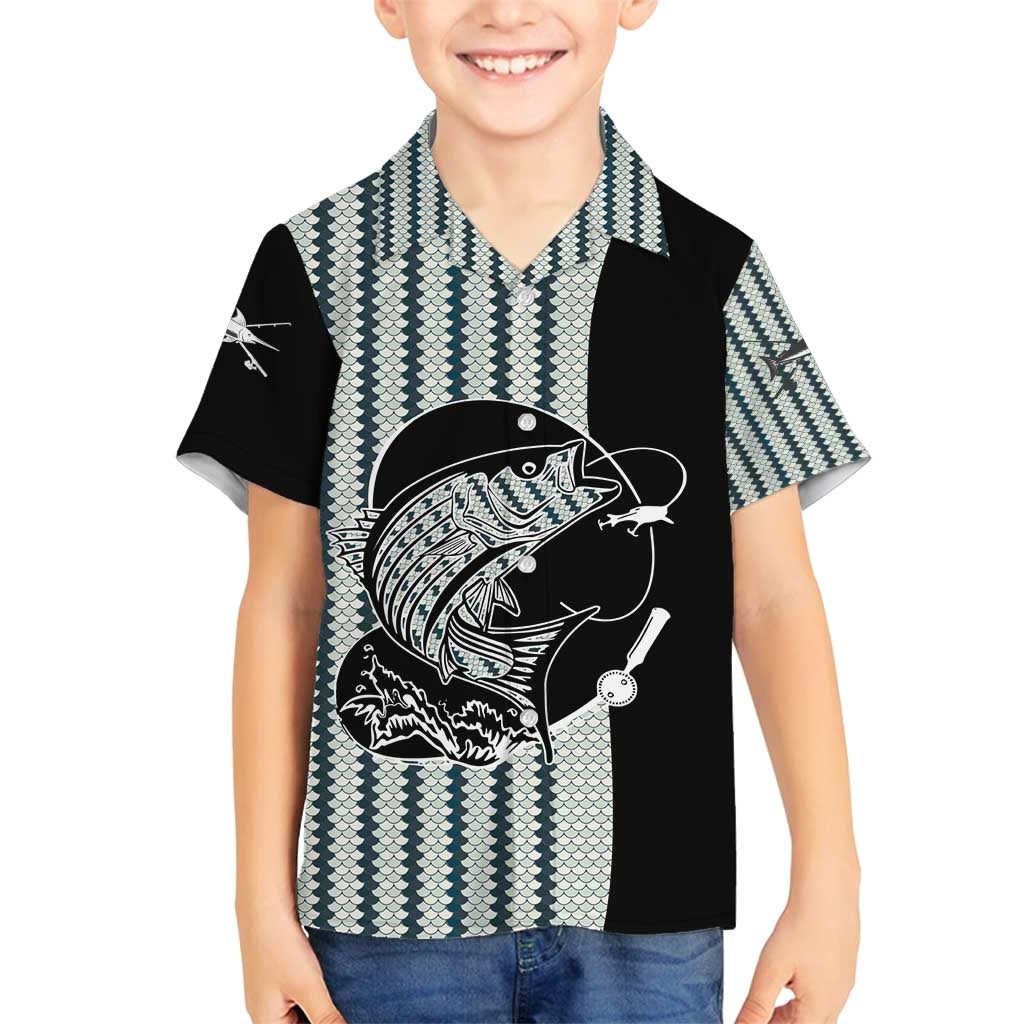 Striped Bass Jumping Graphic Family Matching Long Sleeve Bodycon Dress and Hawaiian Shirt Rod Reel and Airplane on Fish Scale Pattern - Wonder Print Shop