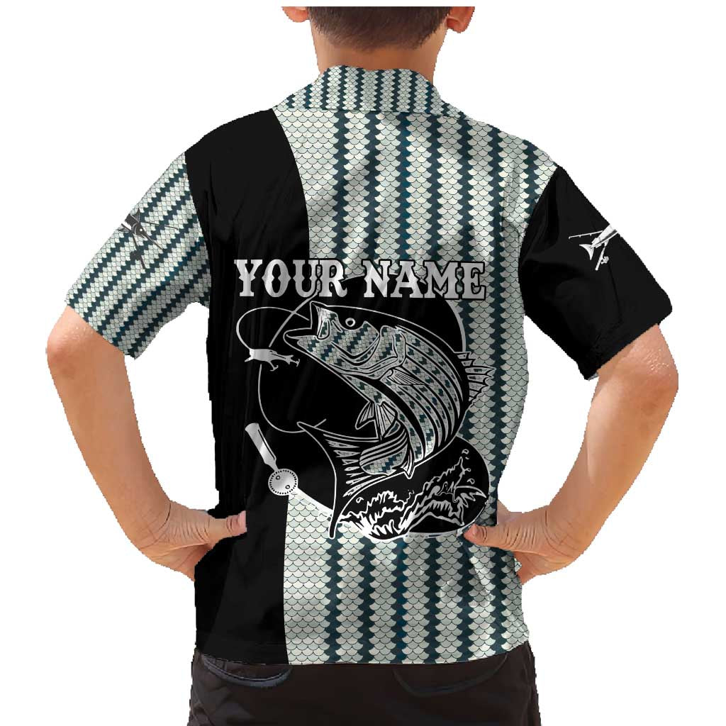 Striped Bass Jumping Graphic Family Matching Mermaid Dress and Hawaiian Shirt Rod Reel and Airplane on Fish Scale Pattern - Wonder Print Shop