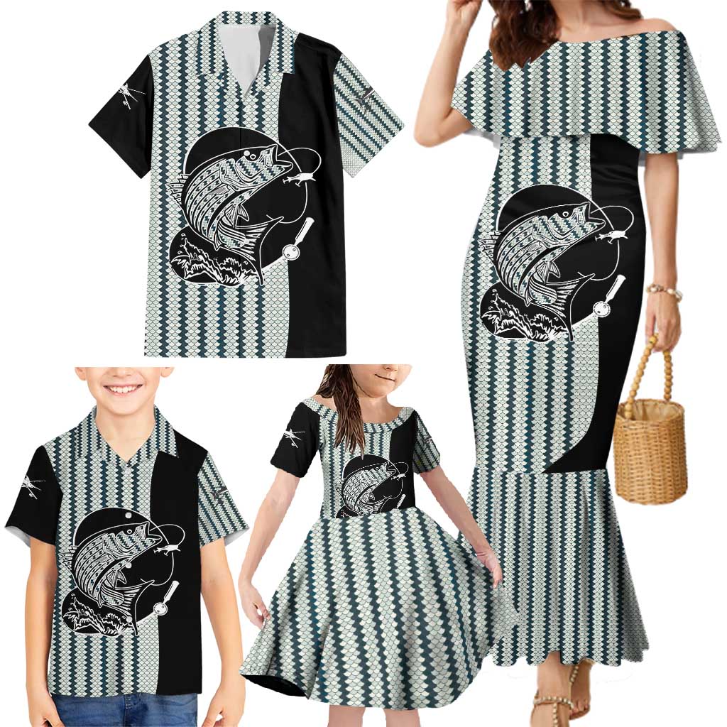 Striped Bass Jumping Graphic Family Matching Mermaid Dress and Hawaiian Shirt Rod Reel and Airplane on Fish Scale Pattern - Wonder Print Shop