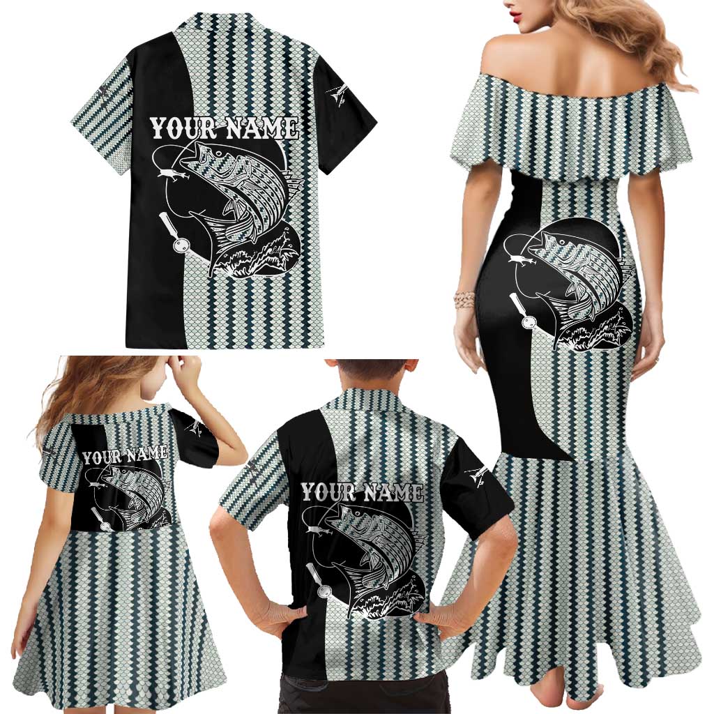 Striped Bass Jumping Graphic Family Matching Mermaid Dress and Hawaiian Shirt Rod Reel and Airplane on Fish Scale Pattern - Wonder Print Shop