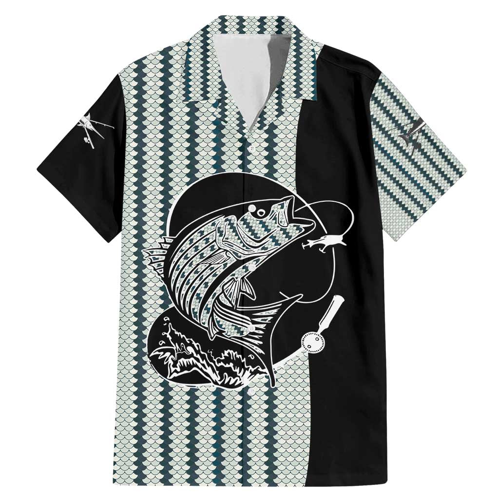 Striped Bass Jumping Graphic Family Matching Mermaid Dress and Hawaiian Shirt Rod Reel and Airplane on Fish Scale Pattern - Wonder Print Shop