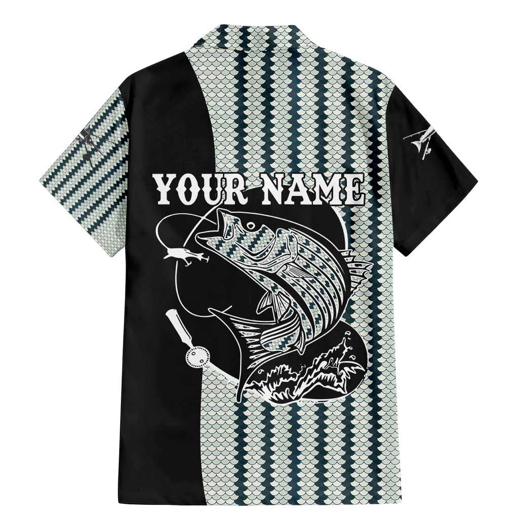 Striped Bass Jumping Graphic Family Matching Mermaid Dress and Hawaiian Shirt Rod Reel and Airplane on Fish Scale Pattern - Wonder Print Shop