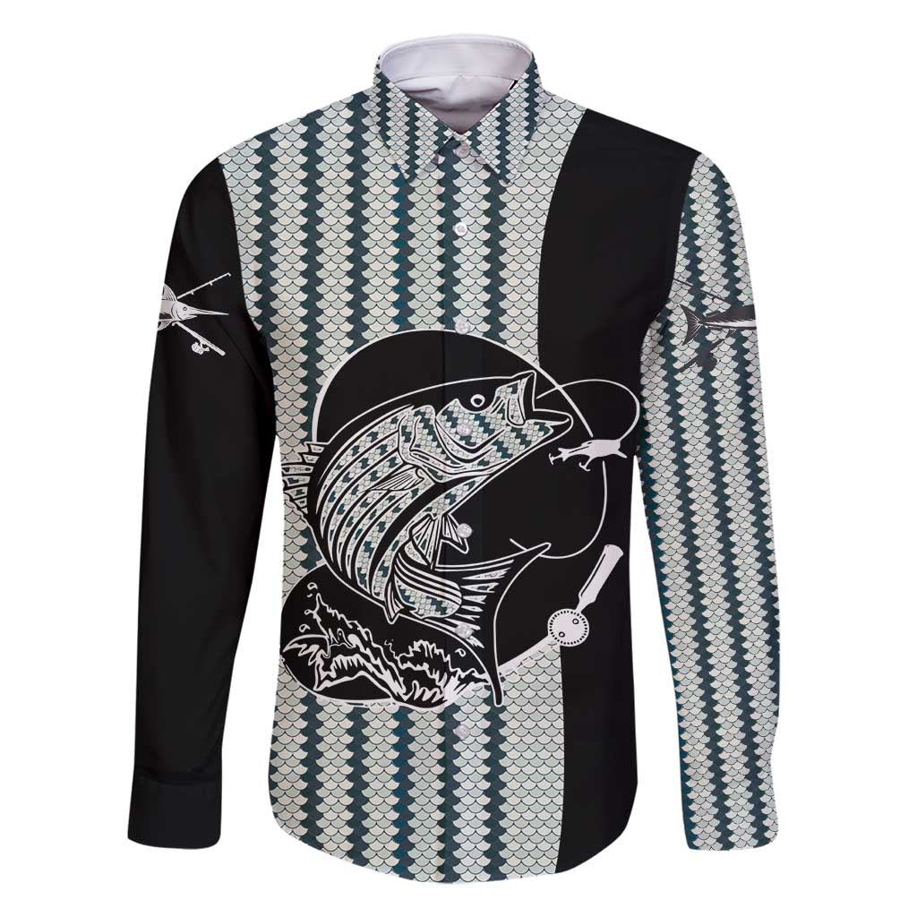 Striped Bass Jumping Graphic Family Matching Mermaid Dress and Hawaiian Shirt Rod Reel and Airplane on Fish Scale Pattern - Wonder Print Shop