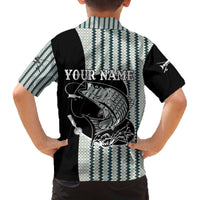 Striped Bass Jumping Graphic Family Matching Off The Shoulder Long Sleeve Dress and Hawaiian Shirt Rod Reel and Airplane on Fish Scale Pattern - Wonder Print Shop