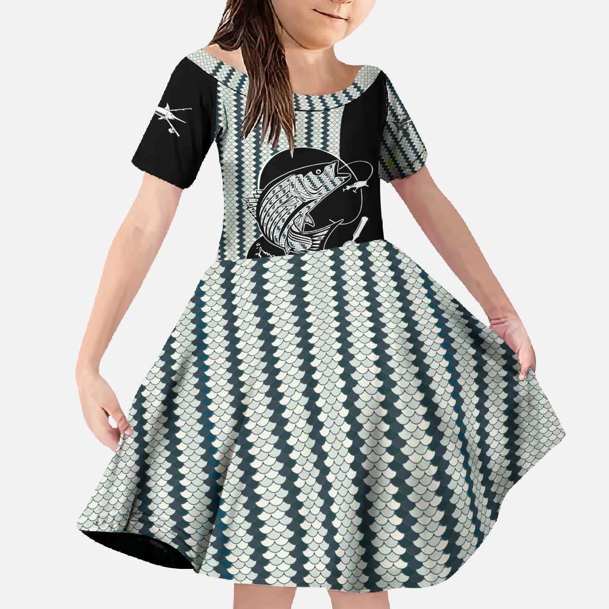 Striped Bass Jumping Graphic Family Matching Off The Shoulder Long Sleeve Dress and Hawaiian Shirt Rod Reel and Airplane on Fish Scale Pattern - Wonder Print Shop