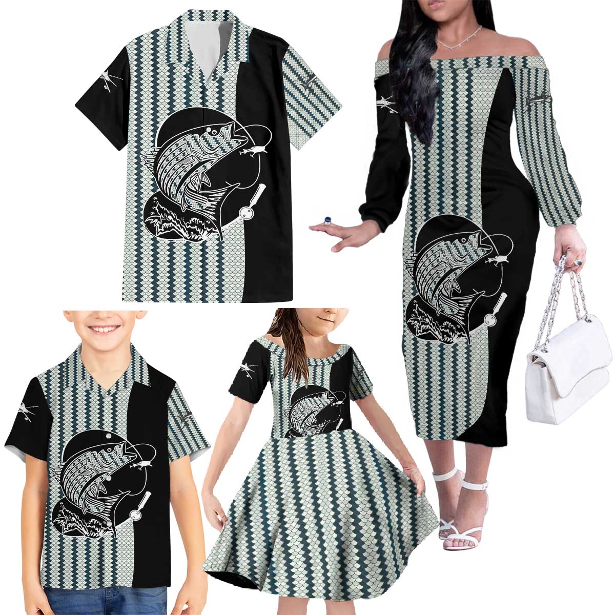 Striped Bass Jumping Graphic Family Matching Off The Shoulder Long Sleeve Dress and Hawaiian Shirt Rod Reel and Airplane on Fish Scale Pattern - Wonder Print Shop