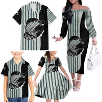 Striped Bass Jumping Graphic Family Matching Off The Shoulder Long Sleeve Dress and Hawaiian Shirt Rod Reel and Airplane on Fish Scale Pattern - Wonder Print Shop
