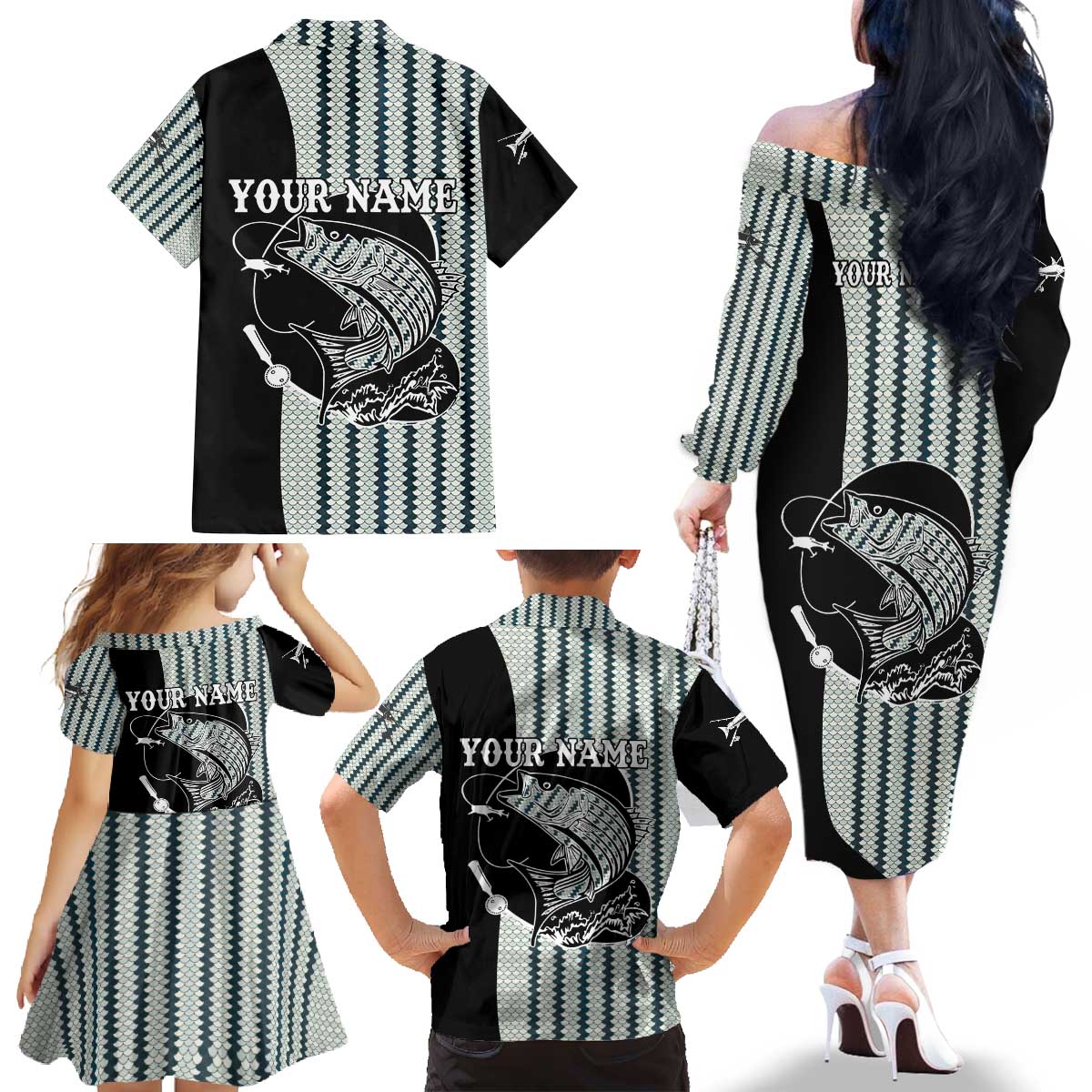 Striped Bass Jumping Graphic Family Matching Off The Shoulder Long Sleeve Dress and Hawaiian Shirt Rod Reel and Airplane on Fish Scale Pattern - Wonder Print Shop
