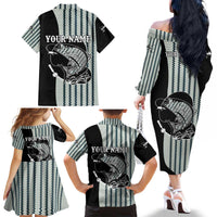 Striped Bass Jumping Graphic Family Matching Off The Shoulder Long Sleeve Dress and Hawaiian Shirt Rod Reel and Airplane on Fish Scale Pattern - Wonder Print Shop