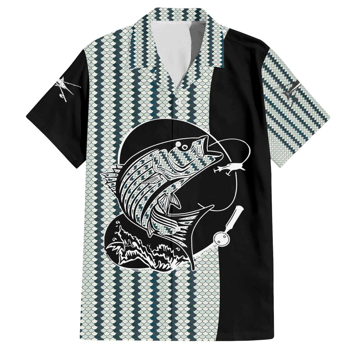 Striped Bass Jumping Graphic Family Matching Off The Shoulder Long Sleeve Dress and Hawaiian Shirt Rod Reel and Airplane on Fish Scale Pattern - Wonder Print Shop