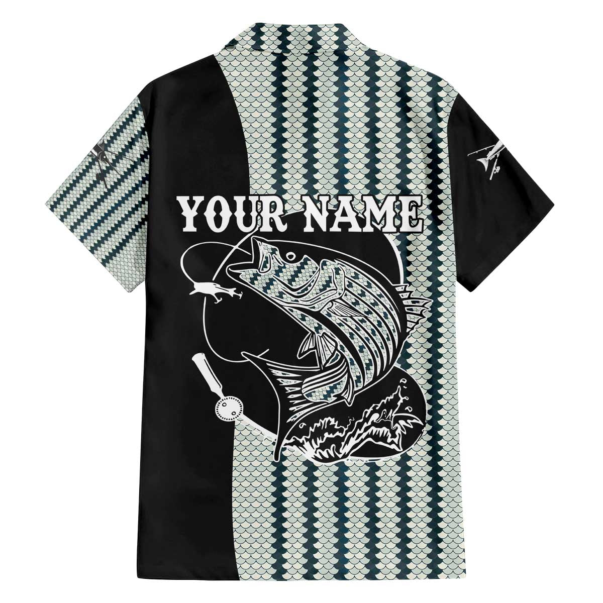 Striped Bass Jumping Graphic Family Matching Off The Shoulder Long Sleeve Dress and Hawaiian Shirt Rod Reel and Airplane on Fish Scale Pattern - Wonder Print Shop