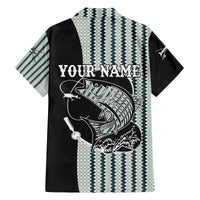 Striped Bass Jumping Graphic Family Matching Off The Shoulder Long Sleeve Dress and Hawaiian Shirt Rod Reel and Airplane on Fish Scale Pattern - Wonder Print Shop