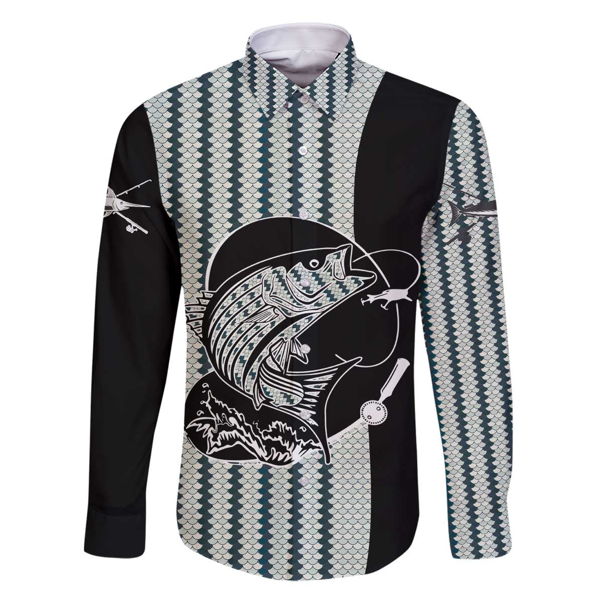 Striped Bass Jumping Graphic Family Matching Off The Shoulder Long Sleeve Dress and Hawaiian Shirt Rod Reel and Airplane on Fish Scale Pattern - Wonder Print Shop