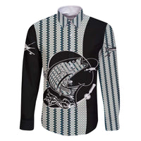 Striped Bass Jumping Graphic Family Matching Off The Shoulder Long Sleeve Dress and Hawaiian Shirt Rod Reel and Airplane on Fish Scale Pattern - Wonder Print Shop