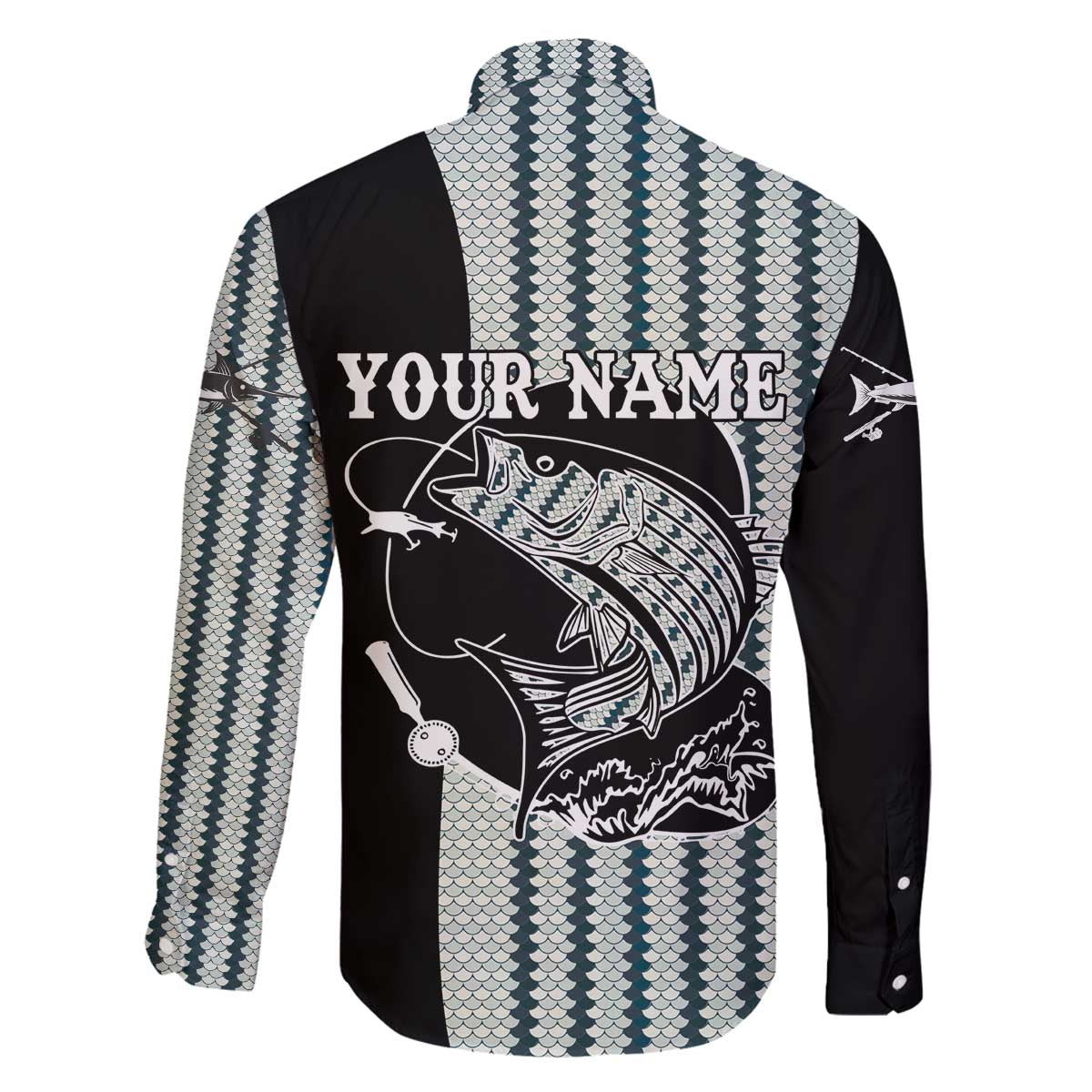 Striped Bass Jumping Graphic Family Matching Off The Shoulder Long Sleeve Dress and Hawaiian Shirt Rod Reel and Airplane on Fish Scale Pattern - Wonder Print Shop