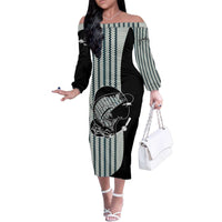 Striped Bass Jumping Graphic Family Matching Off The Shoulder Long Sleeve Dress and Hawaiian Shirt Rod Reel and Airplane on Fish Scale Pattern - Wonder Print Shop