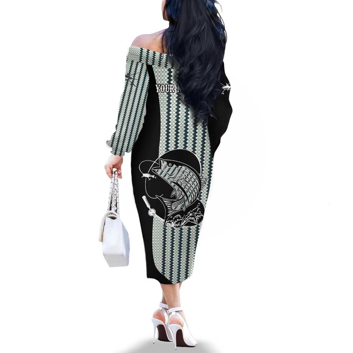 Striped Bass Jumping Graphic Family Matching Off The Shoulder Long Sleeve Dress and Hawaiian Shirt Rod Reel and Airplane on Fish Scale Pattern - Wonder Print Shop