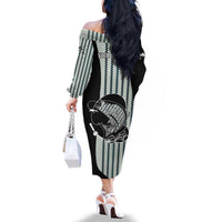 Striped Bass Jumping Graphic Family Matching Off The Shoulder Long Sleeve Dress and Hawaiian Shirt Rod Reel and Airplane on Fish Scale Pattern - Wonder Print Shop