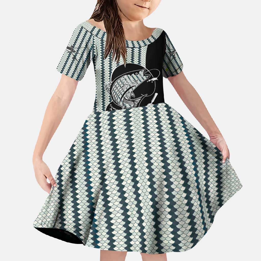 Striped Bass Jumping Graphic Family Matching Off Shoulder Maxi Dress and Hawaiian Shirt Rod Reel and Airplane on Fish Scale Pattern - Wonder Print Shop
