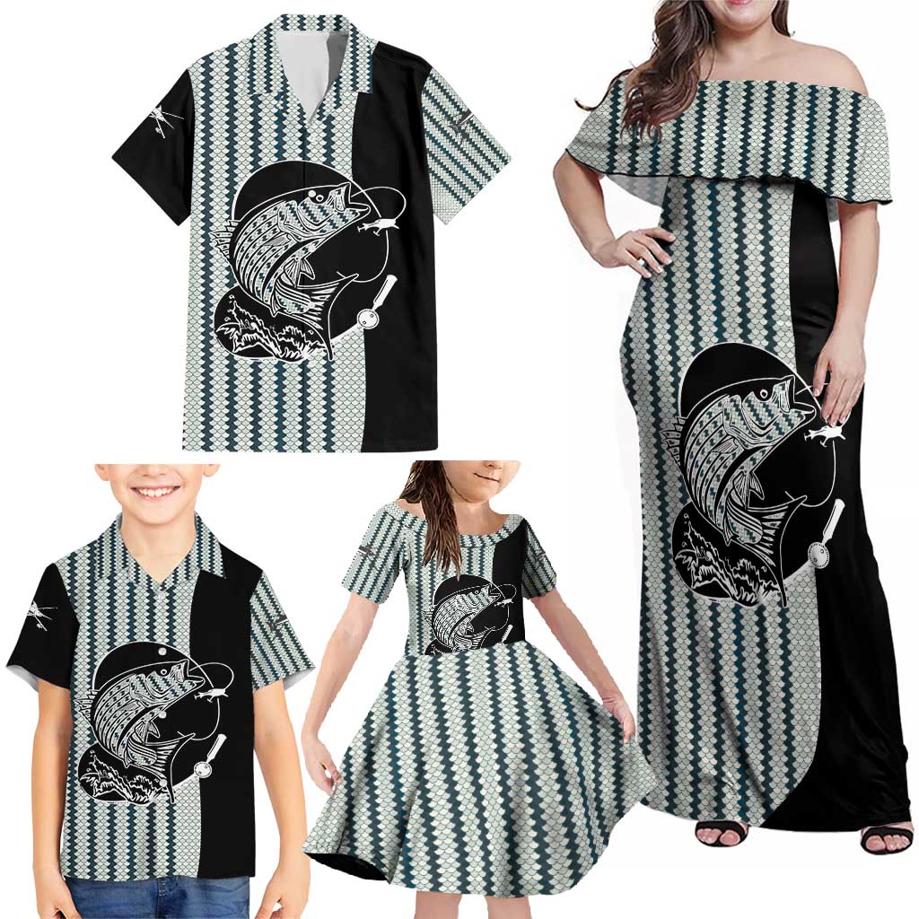 Striped Bass Jumping Graphic Family Matching Off Shoulder Maxi Dress and Hawaiian Shirt Rod Reel and Airplane on Fish Scale Pattern - Wonder Print Shop