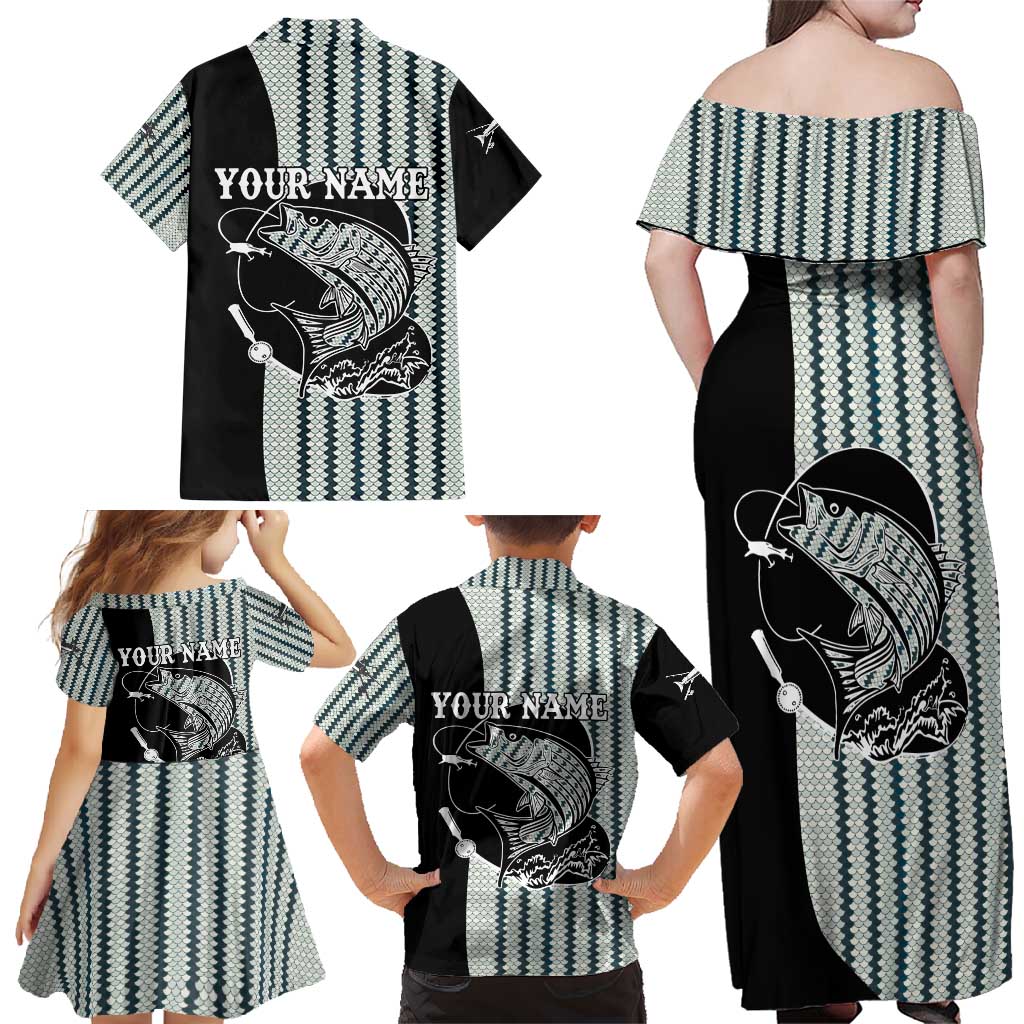 Striped Bass Jumping Graphic Family Matching Off Shoulder Maxi Dress and Hawaiian Shirt Rod Reel and Airplane on Fish Scale Pattern - Wonder Print Shop