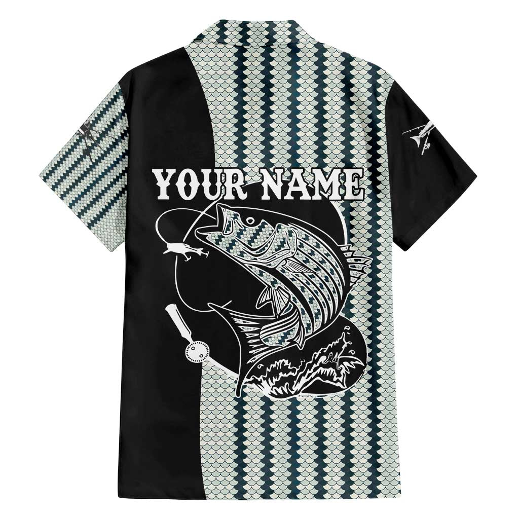 Striped Bass Jumping Graphic Family Matching Off Shoulder Maxi Dress and Hawaiian Shirt Rod Reel and Airplane on Fish Scale Pattern - Wonder Print Shop