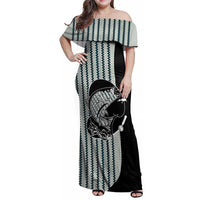 Striped Bass Jumping Graphic Family Matching Off Shoulder Maxi Dress and Hawaiian Shirt Rod Reel and Airplane on Fish Scale Pattern - Wonder Print Shop