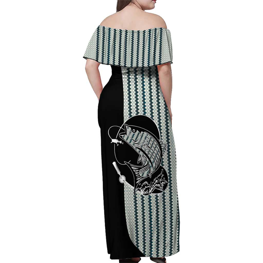 Striped Bass Jumping Graphic Family Matching Off Shoulder Maxi Dress and Hawaiian Shirt Rod Reel and Airplane on Fish Scale Pattern - Wonder Print Shop