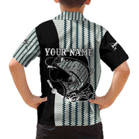 Striped Bass Jumping Graphic Family Matching Off Shoulder Short Dress and Hawaiian Shirt Rod Reel and Airplane on Fish Scale Pattern - Wonder Print Shop