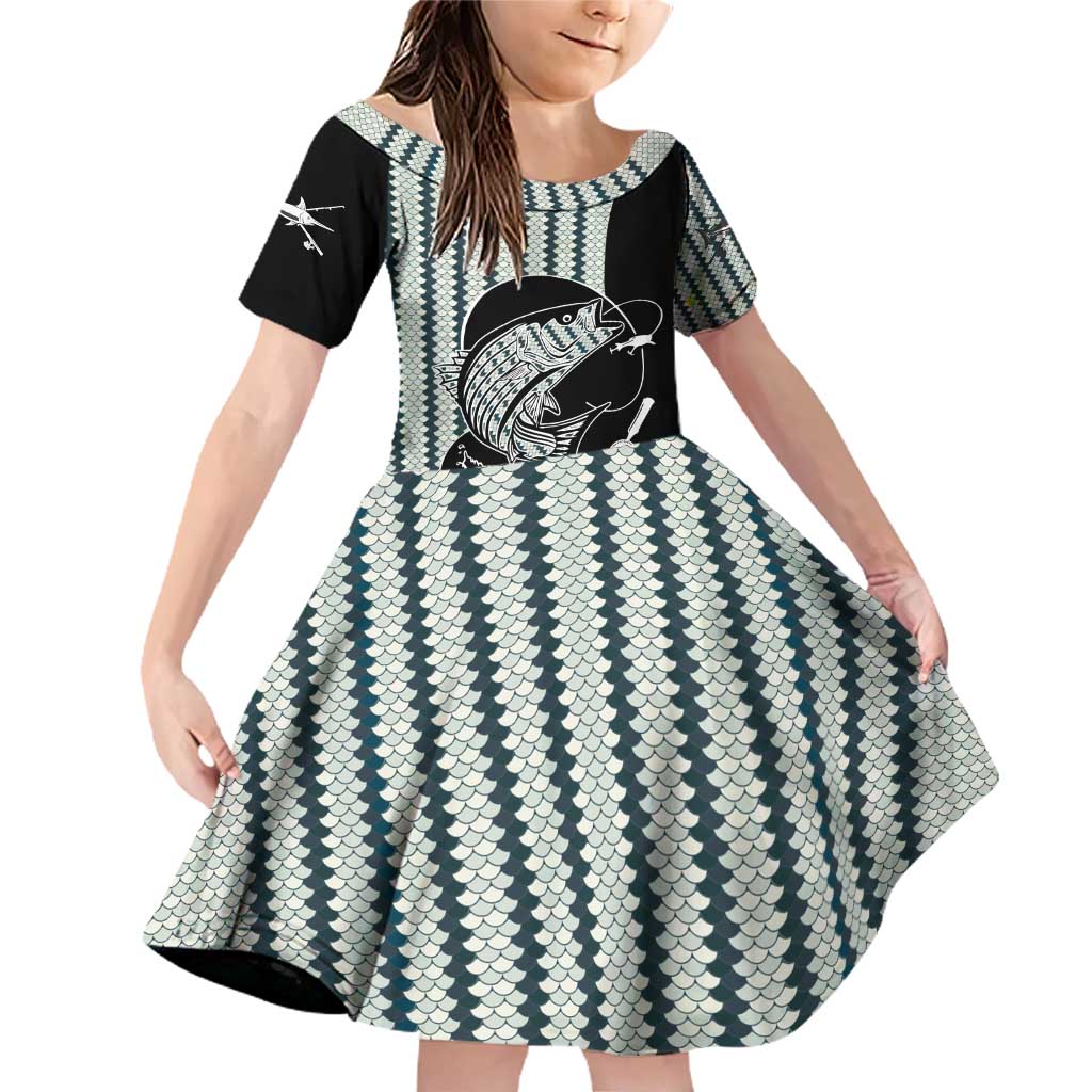 Striped Bass Jumping Graphic Family Matching Off Shoulder Short Dress and Hawaiian Shirt Rod Reel and Airplane on Fish Scale Pattern - Wonder Print Shop