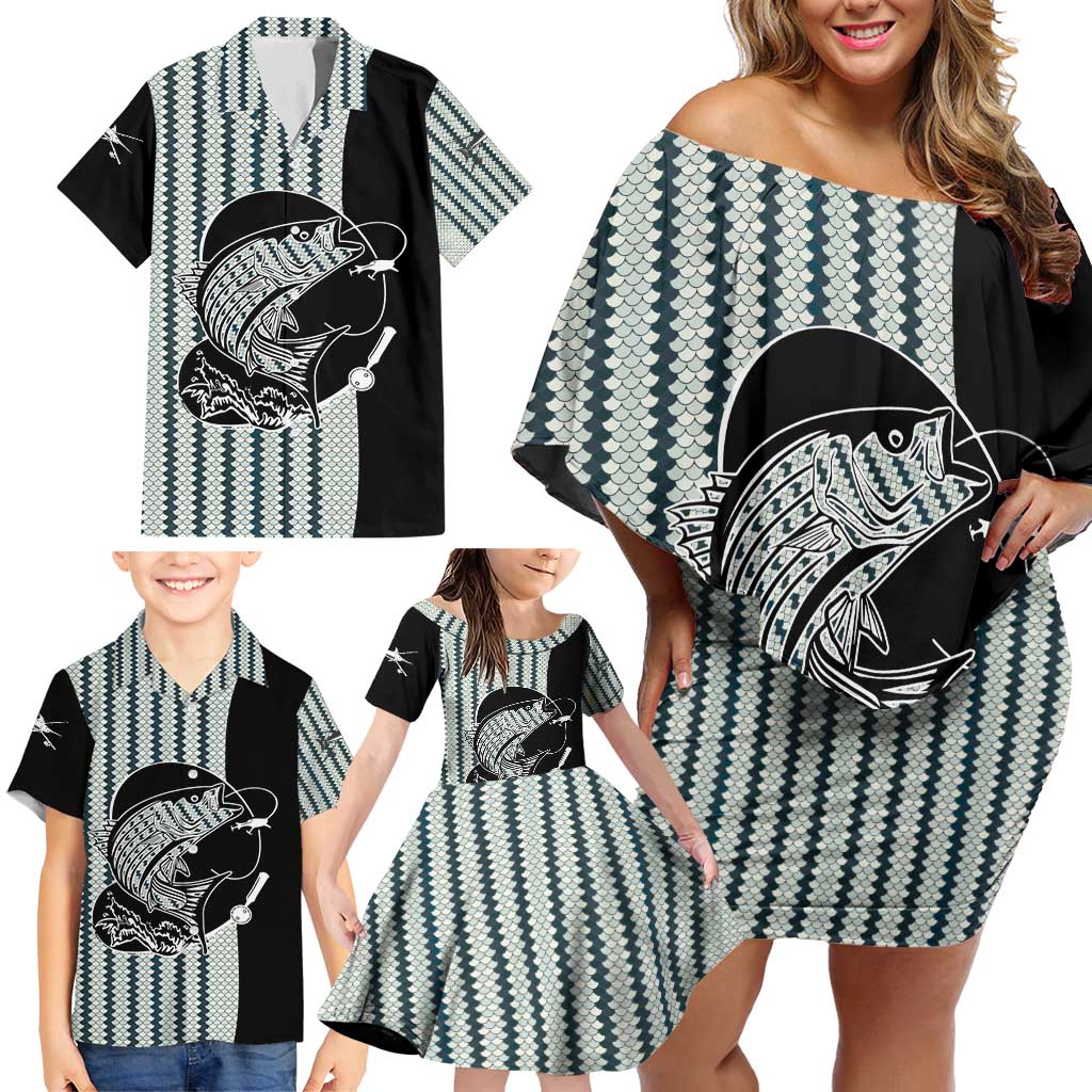 Striped Bass Jumping Graphic Family Matching Off Shoulder Short Dress and Hawaiian Shirt Rod Reel and Airplane on Fish Scale Pattern - Wonder Print Shop