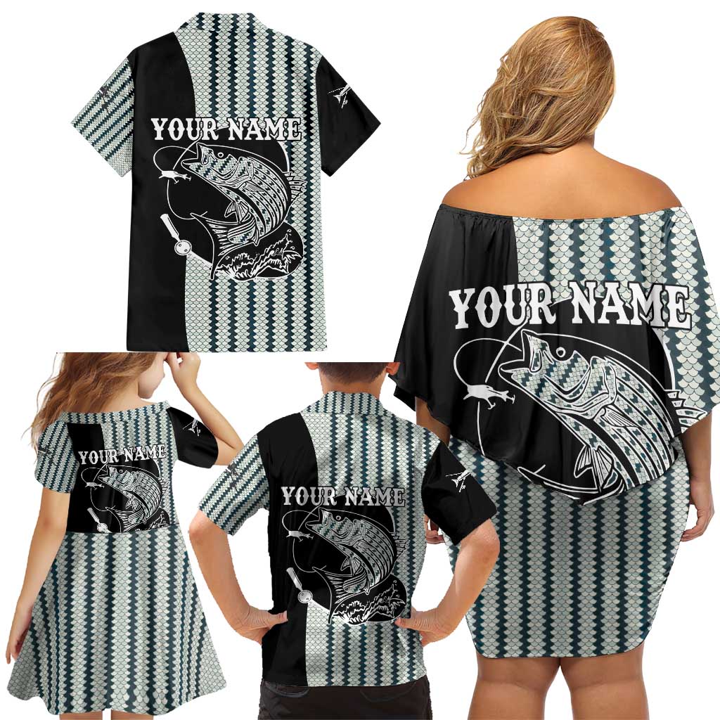 Striped Bass Jumping Graphic Family Matching Off Shoulder Short Dress and Hawaiian Shirt Rod Reel and Airplane on Fish Scale Pattern - Wonder Print Shop