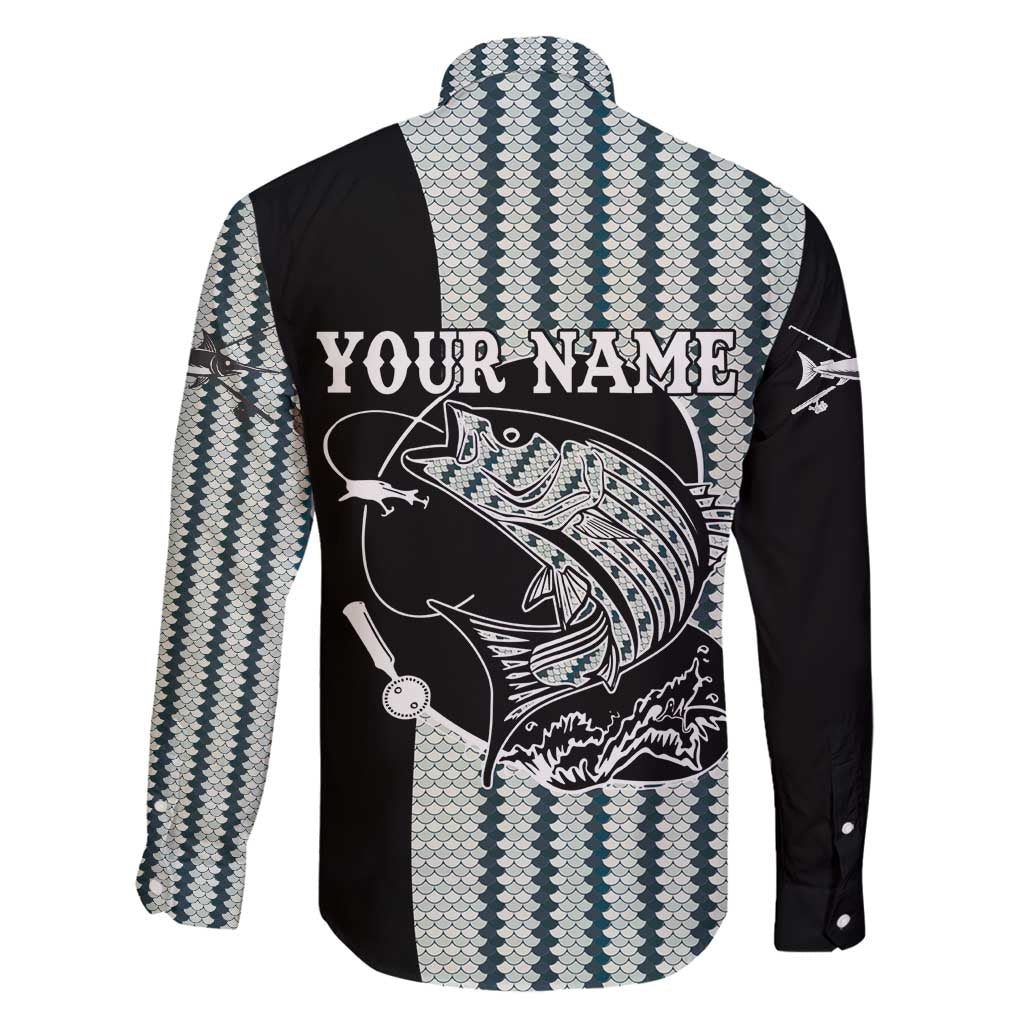 Striped Bass Jumping Graphic Family Matching Off Shoulder Short Dress and Hawaiian Shirt Rod Reel and Airplane on Fish Scale Pattern - Wonder Print Shop