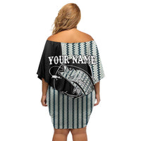 Striped Bass Jumping Graphic Family Matching Off Shoulder Short Dress and Hawaiian Shirt Rod Reel and Airplane on Fish Scale Pattern - Wonder Print Shop