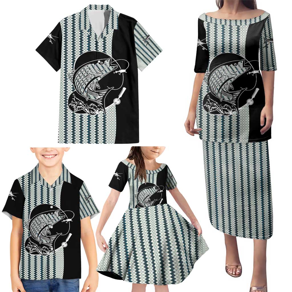 Striped Bass Jumping Graphic Family Matching Puletasi and Hawaiian Shirt Rod Reel and Airplane on Fish Scale Pattern - Wonder Print Shop