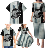 Striped Bass Jumping Graphic Family Matching Puletasi and Hawaiian Shirt Rod Reel and Airplane on Fish Scale Pattern - Wonder Print Shop