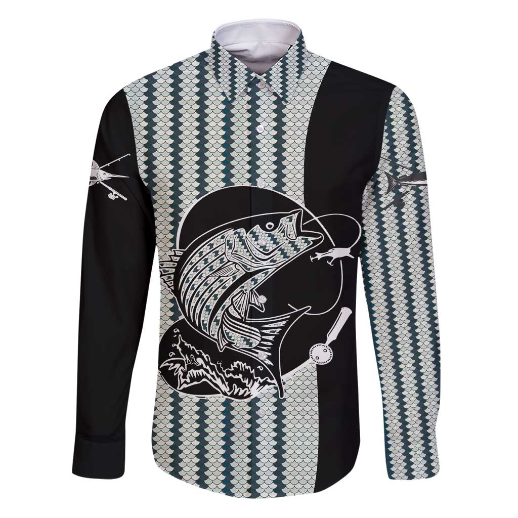 Striped Bass Jumping Graphic Family Matching Puletasi and Hawaiian Shirt Rod Reel and Airplane on Fish Scale Pattern - Wonder Print Shop