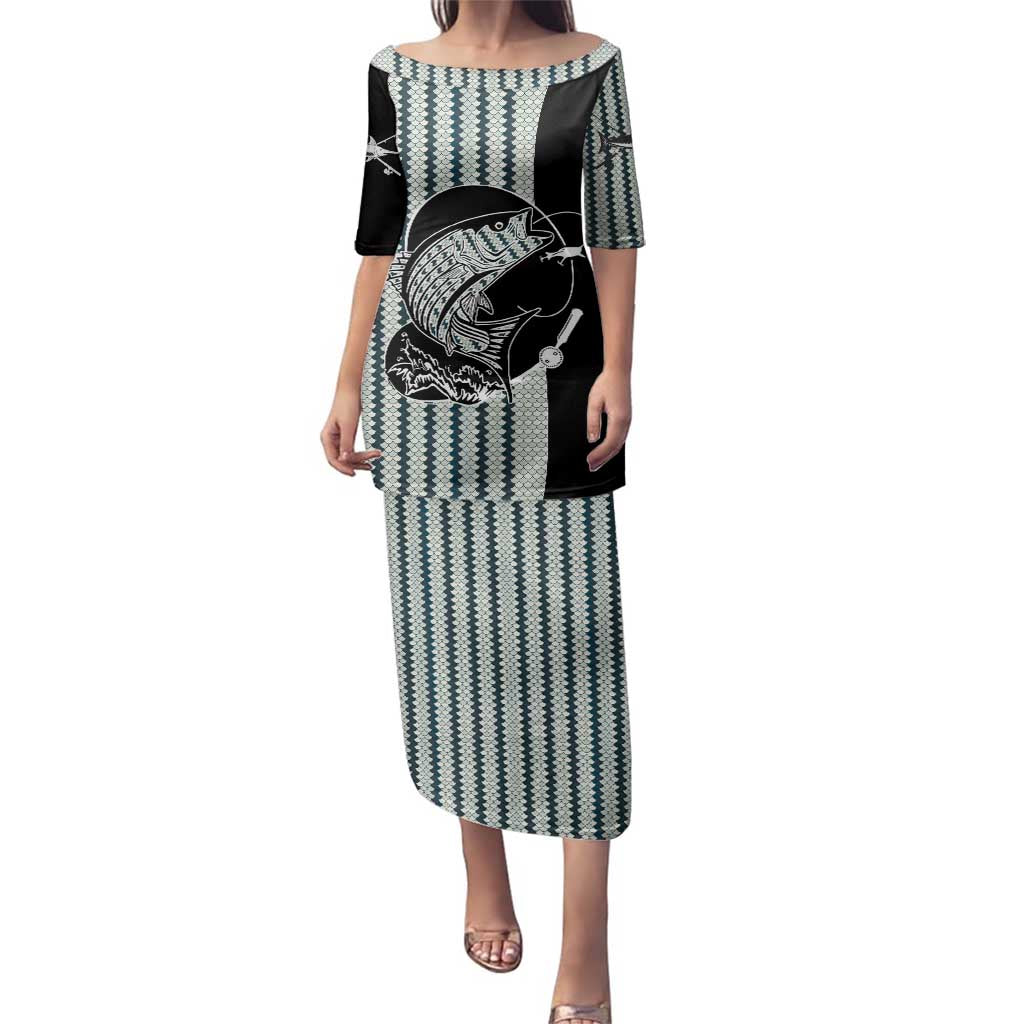 Striped Bass Jumping Graphic Family Matching Puletasi and Hawaiian Shirt Rod Reel and Airplane on Fish Scale Pattern - Wonder Print Shop