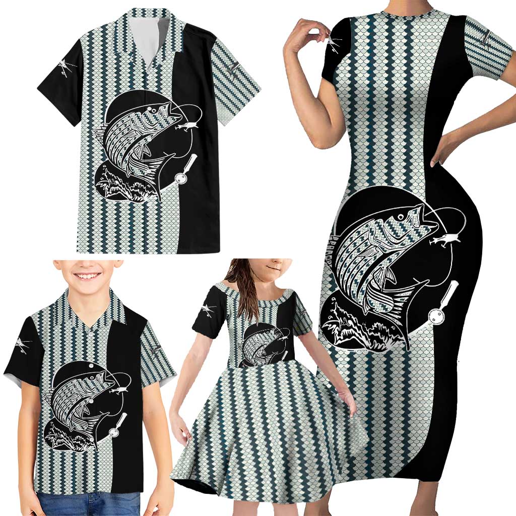 Striped Bass Jumping Graphic Family Matching Short Sleeve Bodycon Dress and Hawaiian Shirt Rod Reel and Airplane on Fish Scale Pattern - Wonder Print Shop